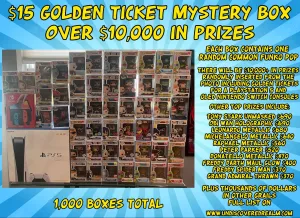 $15 Funko Pop Golden Ticket Mystery Box with over $10,000 in prizes including Grails, Playstation 5, and Nintendo Switch OLED Undiscovered Realm