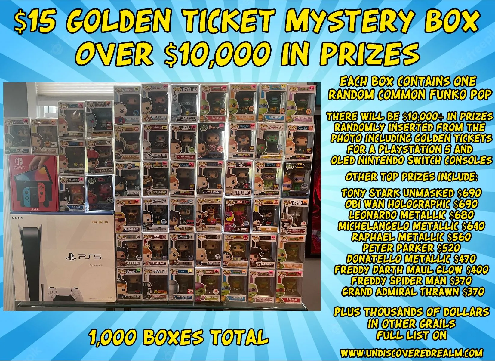 $15 Funko Pop Golden Ticket Mystery Box with over $10,000 in prizes including Grails, Playstation 5, and Nintendo Switch OLED Undiscovered Realm