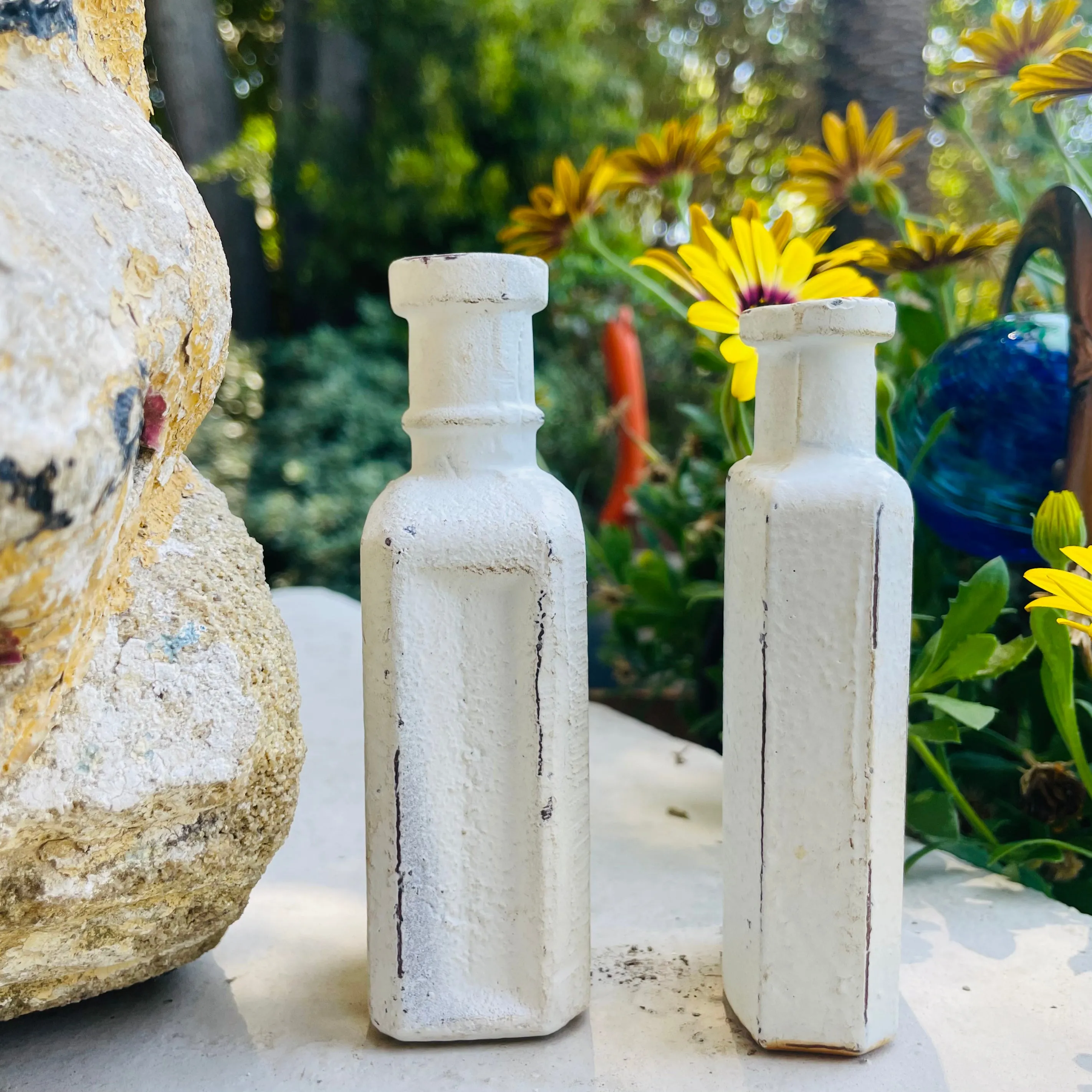 1890s Dr. Daniels Cough Cold & Fever White Rare Cast Iron Medicine Bottles Set