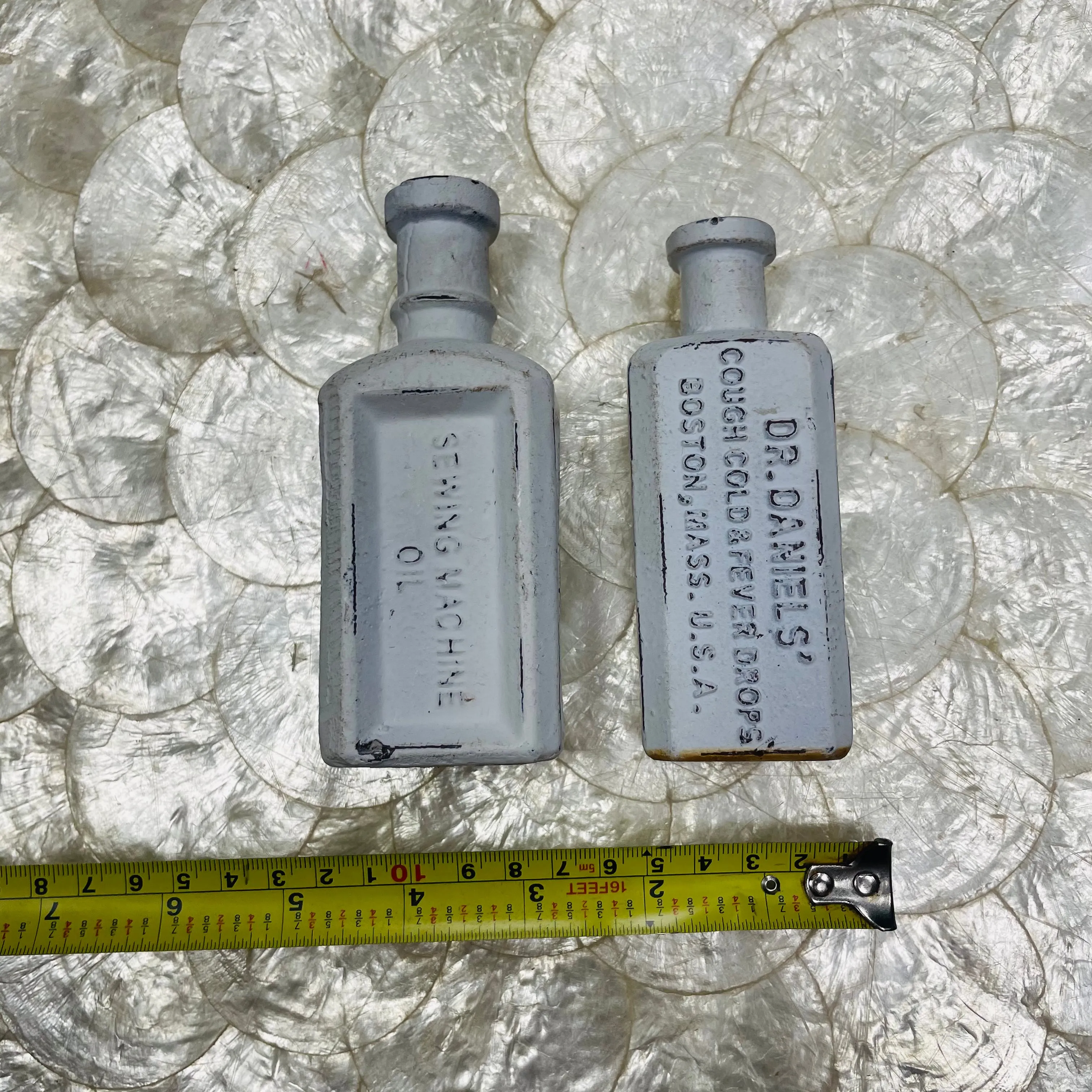 1890s Dr. Daniels Cough Cold & Fever White Rare Cast Iron Medicine Bottles Set