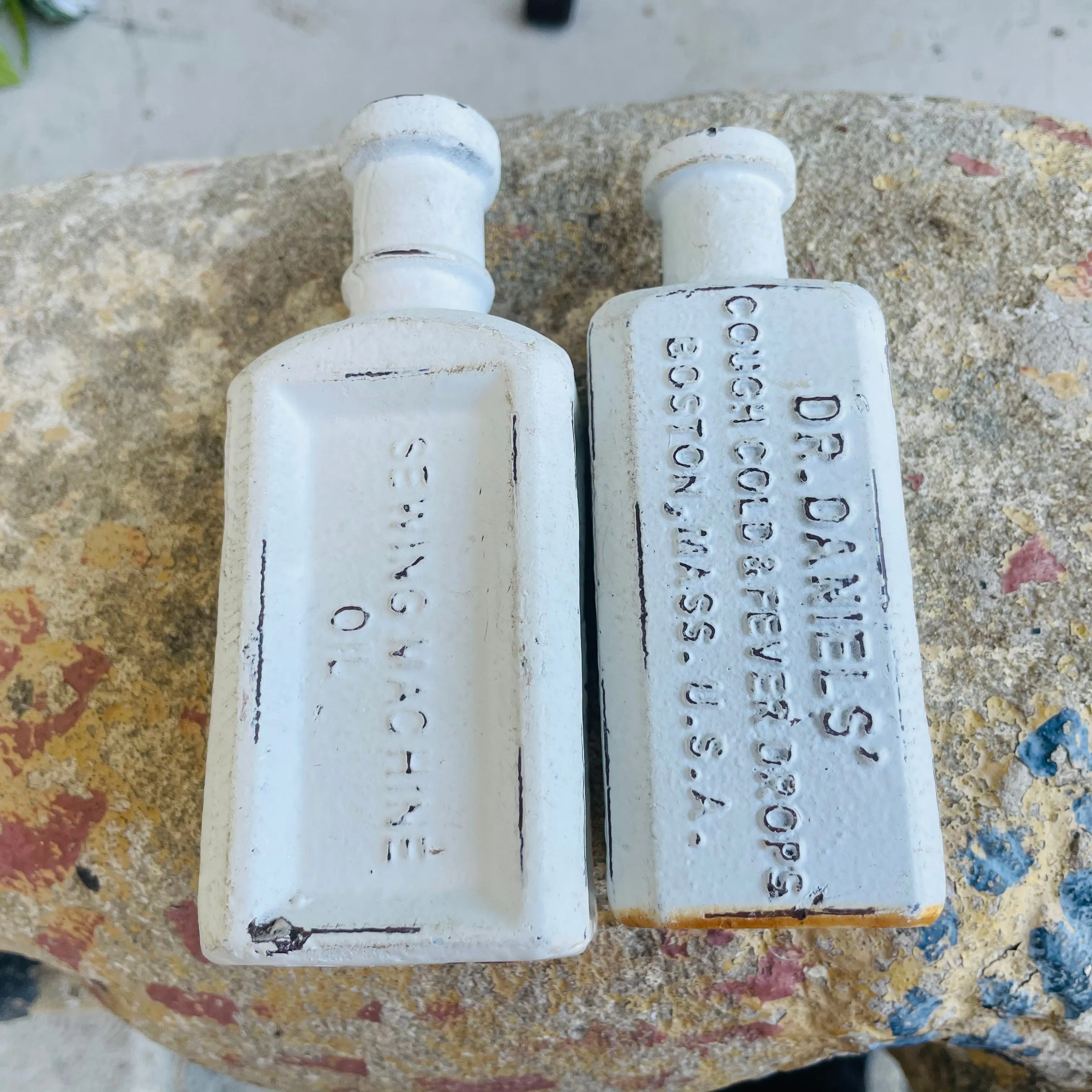 1890s Dr. Daniels Cough Cold & Fever White Rare Cast Iron Medicine Bottles Set