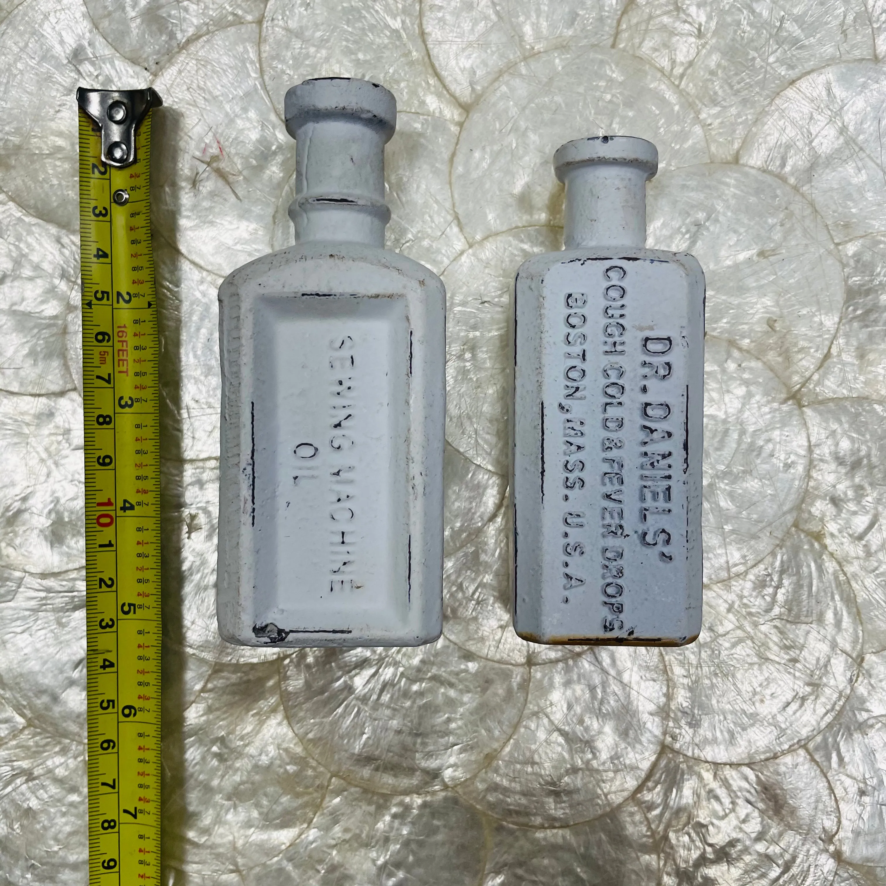 1890s Dr. Daniels Cough Cold & Fever White Rare Cast Iron Medicine Bottles Set