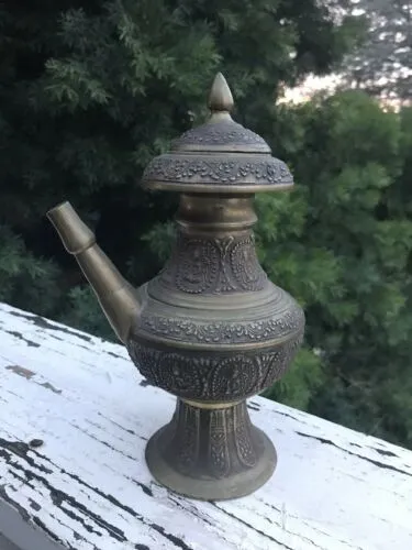 Antique Rare Brass Relief Chinese Buddha Inscription Vessle Tea Pot