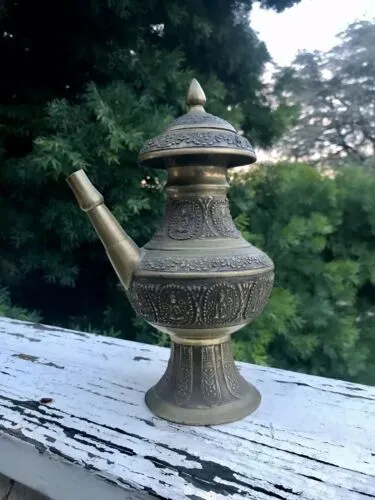 Antique Rare Brass Relief Chinese Buddha Inscription Vessle Tea Pot