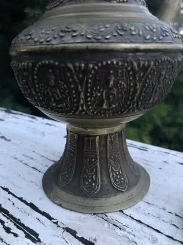 Antique Rare Brass Relief Chinese Buddha Inscription Vessle Tea Pot