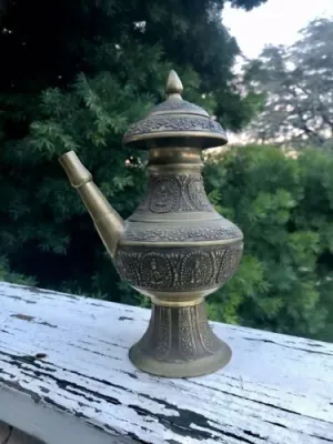 Antique Rare Brass Relief Chinese Buddha Inscription Vessle Tea Pot