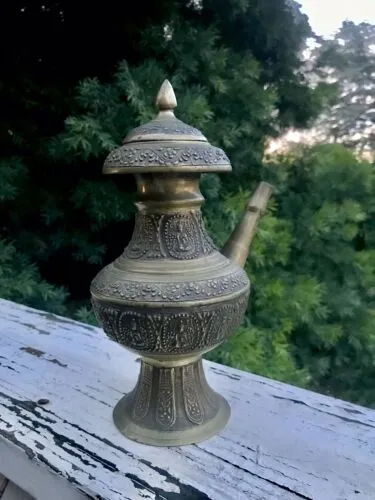 Antique Rare Brass Relief Chinese Buddha Inscription Vessle Tea Pot