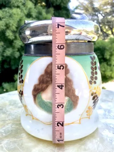 Antique Rare Porcelain Victorian Humidor Silver Plated Pipe Lid Tabacco Jar