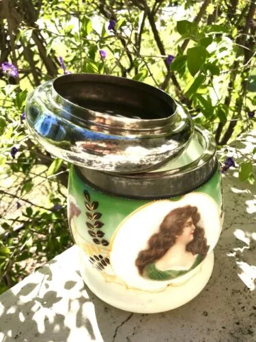Antique Rare Porcelain Victorian Humidor Silver Plated Pipe Lid Tabacco Jar