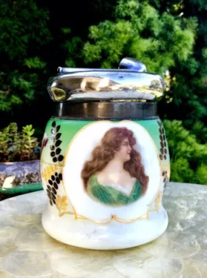 Antique Rare Porcelain Victorian Humidor Silver Plated Pipe Lid Tabacco Jar