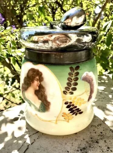 Antique Rare Porcelain Victorian Humidor Silver Plated Pipe Lid Tabacco Jar