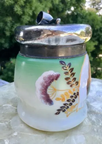 Antique Rare Porcelain Victorian Humidor Silver Plated Pipe Lid Tabacco Jar